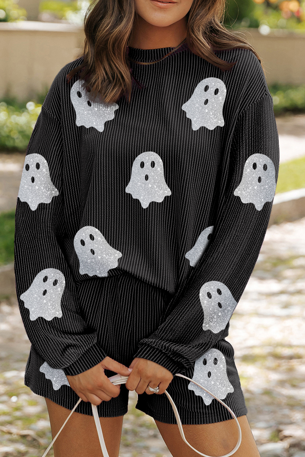 Carbon Grey Halloween Ghost Graphic Corded Pullover and Shorts Two Piece Set Carbon Grey 75%Polyester+20%Viscose+5%Elastane Graphic Sets JT's Designer Fashion