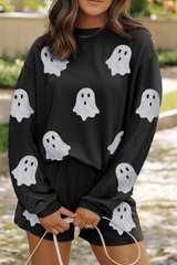 Carbon Grey Halloween Ghost Graphic Corded Pullover and Shorts Two Piece Set Carbon Grey 75%Polyester+20%Viscose+5%Elastane Graphic Sets JT's Designer Fashion