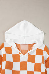 Gold Flame Checkered Split Neck Contrast Kangaroo Pocket Hooded Sweater Sweaters JT's Designer Fashion