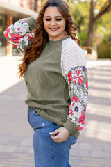 Vineyard Green Plus Size Textured Floral Patchwork Raglan Sleeve Blouse Plus Size Blouses & Shirts JT's Designer Fashion