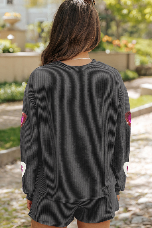 Carbon Grey Valentine Sequin Heart Corded Pullover and Shorts Set Graphic Sets JT's Designer Fashion
