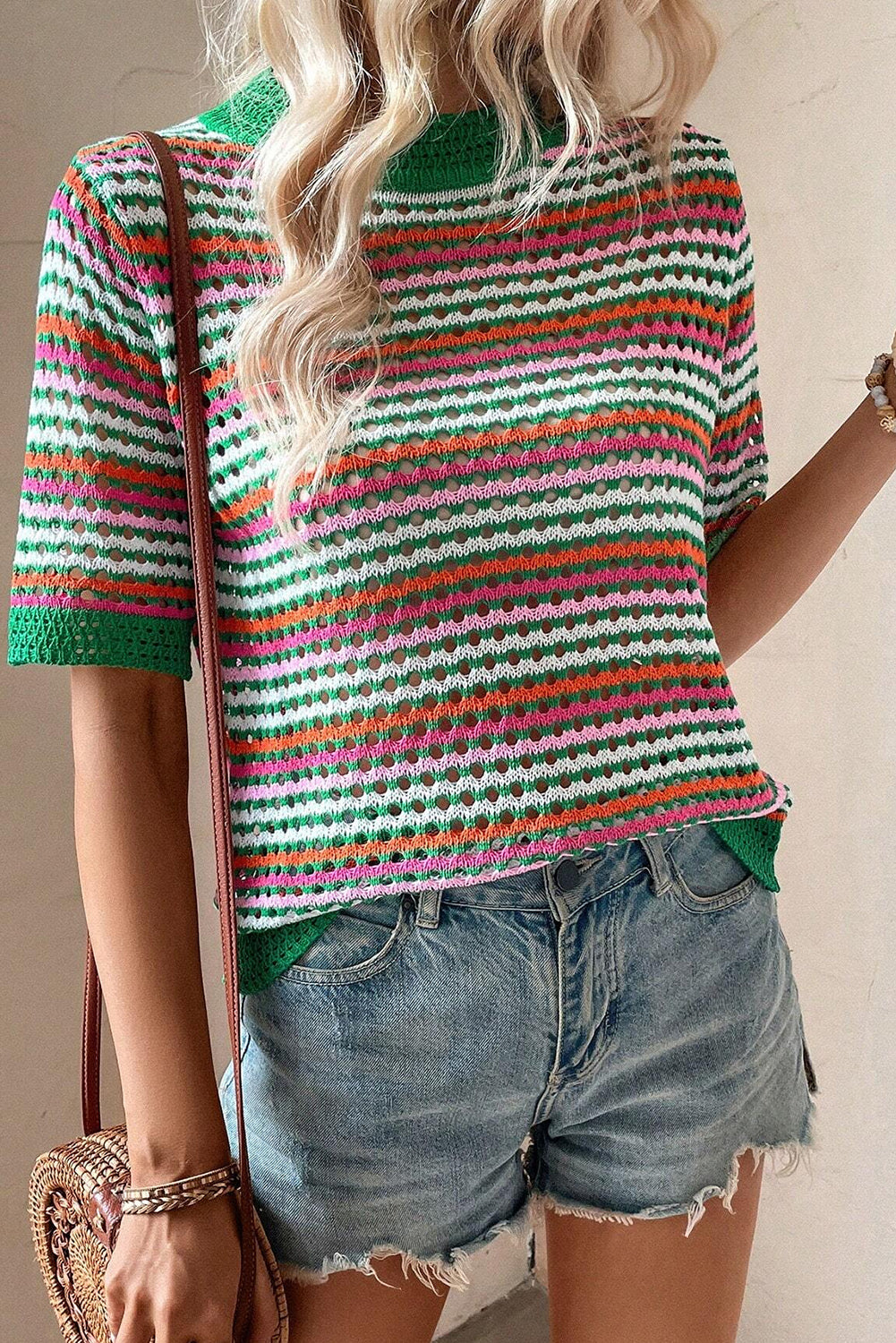 Dark Green Striped Pattern Hollow Out Contrast Trim Knit T Shirt Sweaters & Cardigans JT's Designer Fashion