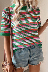 Dark Green Striped Pattern Hollow Out Contrast Trim Knit T Shirt Sweaters & Cardigans JT's Designer Fashion