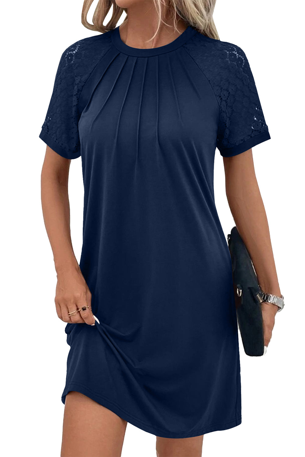 Navy Blue Contrast Lace Raglan Sleeve Pleated Detail Shift Dress T Shirt Dresses JT's Designer Fashion