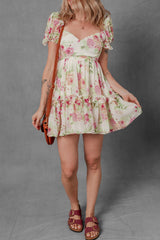 White Vibrant Floral Bubble Sleeve Sweetheart Neck Ruffle Mini Dress Floral Dresses JT's Designer Fashion