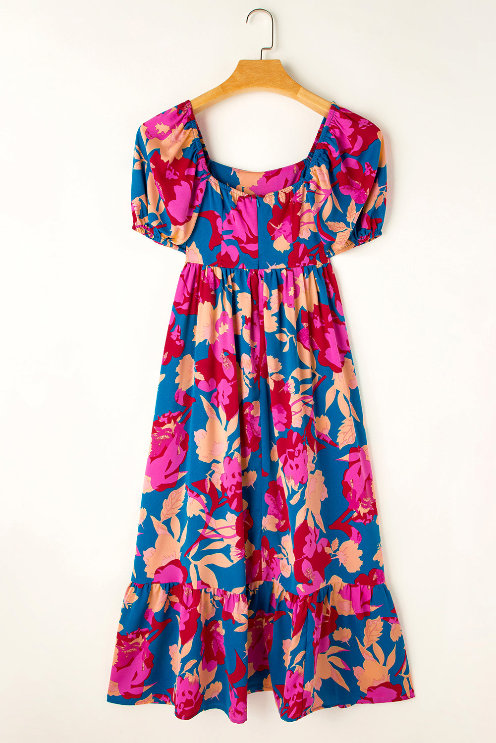 Dark Blue Square Neck Bubble Sleeve Ruffled Floral Dress Floral Dresses JT's Designer Fashion