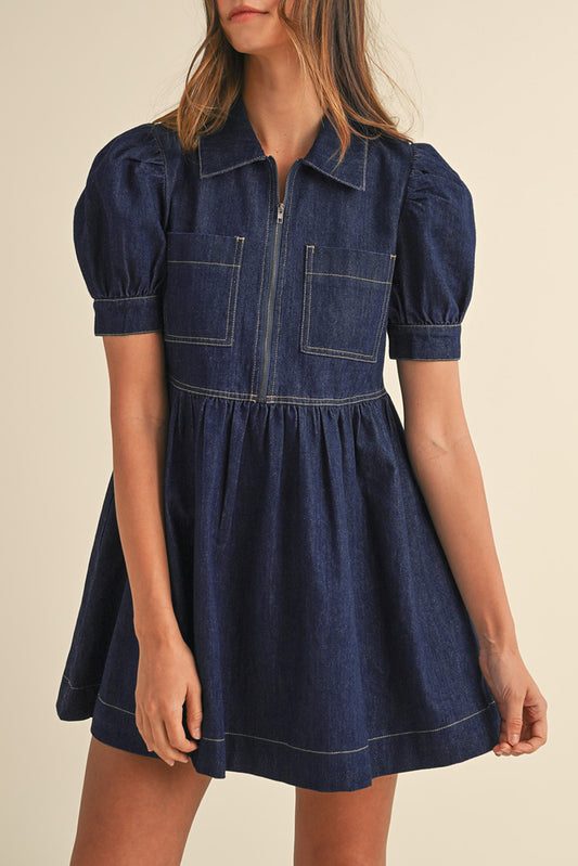 Dirty blue Zipped up Bodice Collared Short Puff Sleeve Denim Dress Mini Dresses JT's Designer Fashion