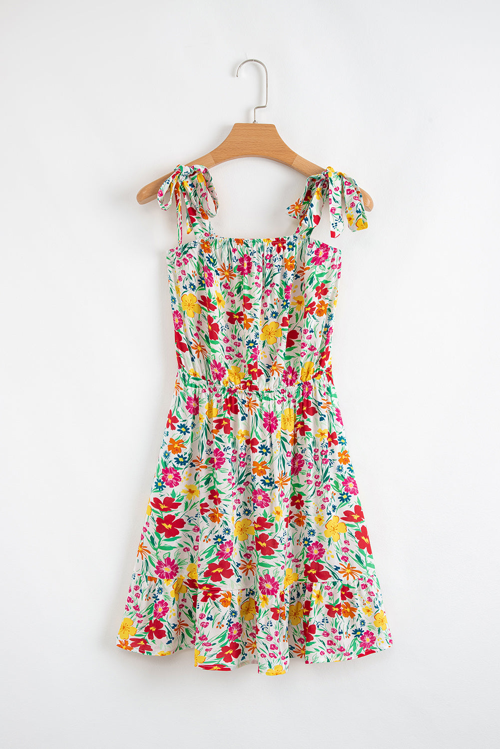 Red Floral Knotted Straps Cinched Waist Ruffle Hem Mini Dress Floral Dresses JT's Designer Fashion