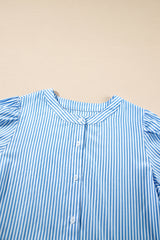 Sky Blue Stripe Bubble Short Sleeve Tiered Scallop Long Dress Maxi Dresses JT's Designer Fashion