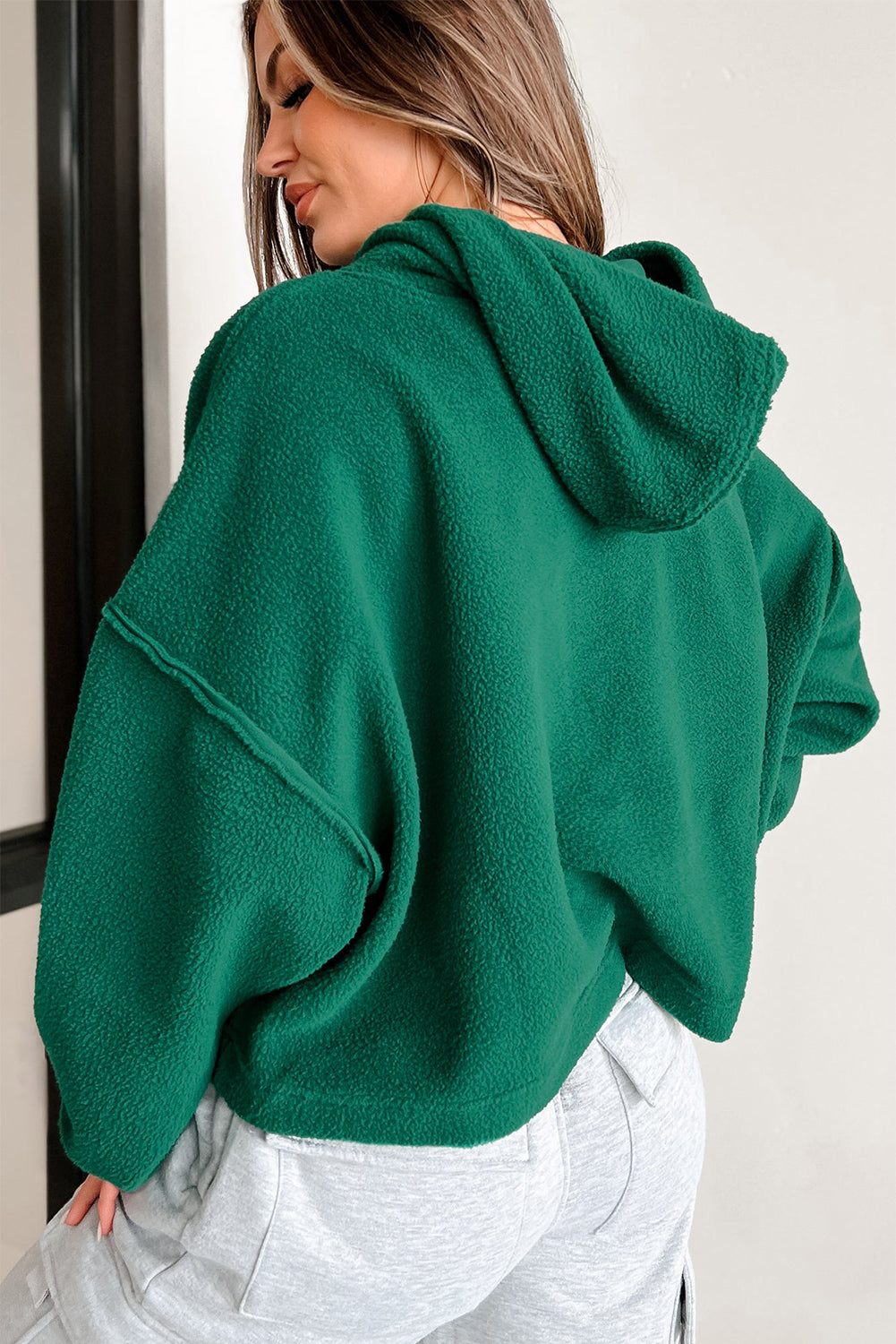 Dark Green Sherpa Fleece Drop Shoulder Hoodie Sweatshirts & Hoodies JT's Designer Fashion