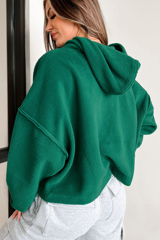 Dark Green Sherpa Fleece Drop Shoulder Hoodie Sweatshirts & Hoodies JT's Designer Fashion