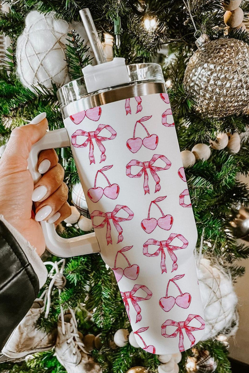 White Cherry Bowknot Stylish Large Tumbler with Handle 40oz Tumblers JT's Designer Fashion