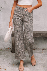 Brown Leopard Frayed Edge Wide Leg High Waist Jeans Jeans JT's Designer Fashion