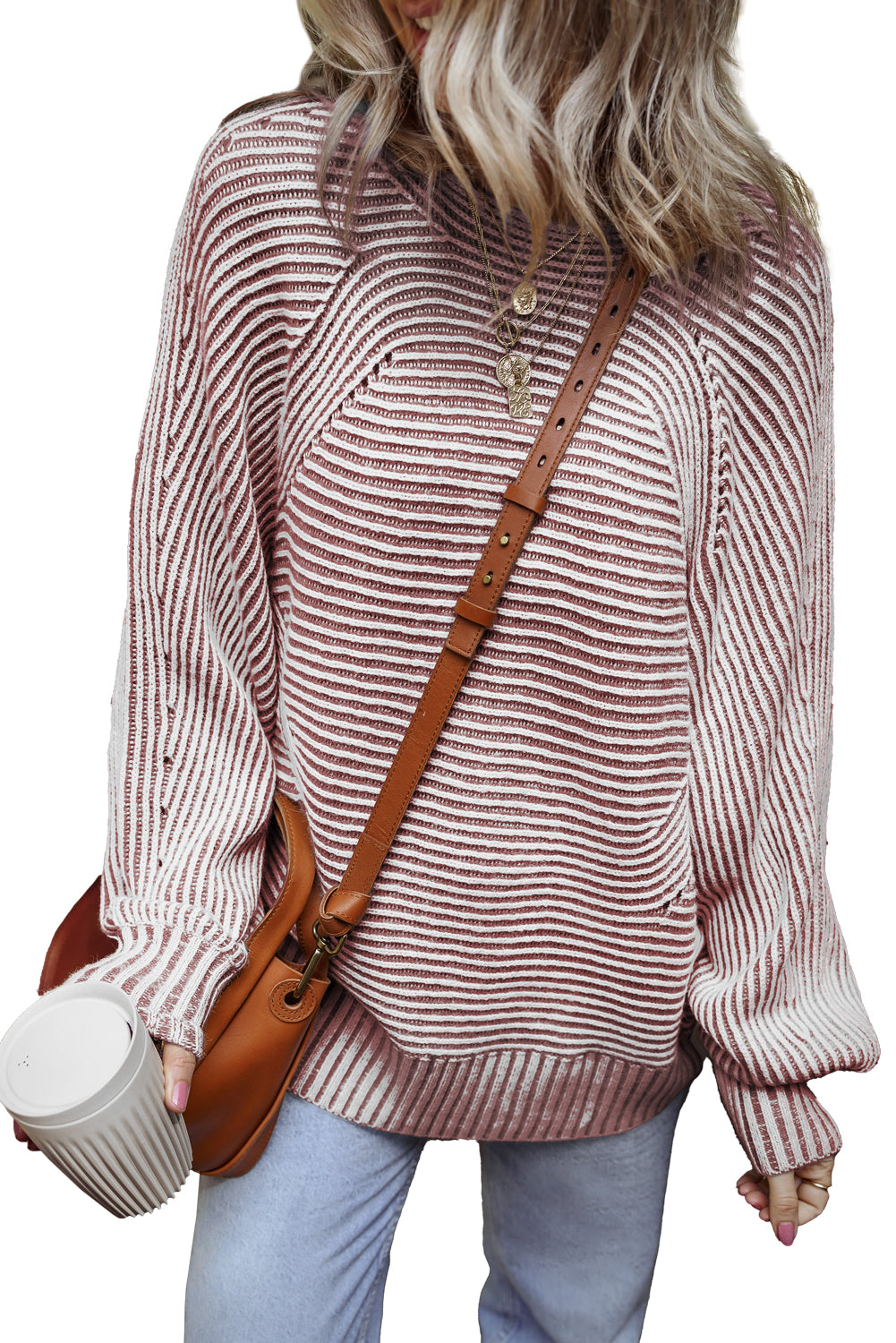Red Dahlia Striped Print Ribbed Knit Boat Neck Baggy Sweater Sweaters JT's Designer Fashion