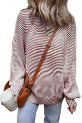 Red Dahlia Striped Print Ribbed Knit Boat Neck Baggy Sweater Sweaters JT's Designer Fashion
