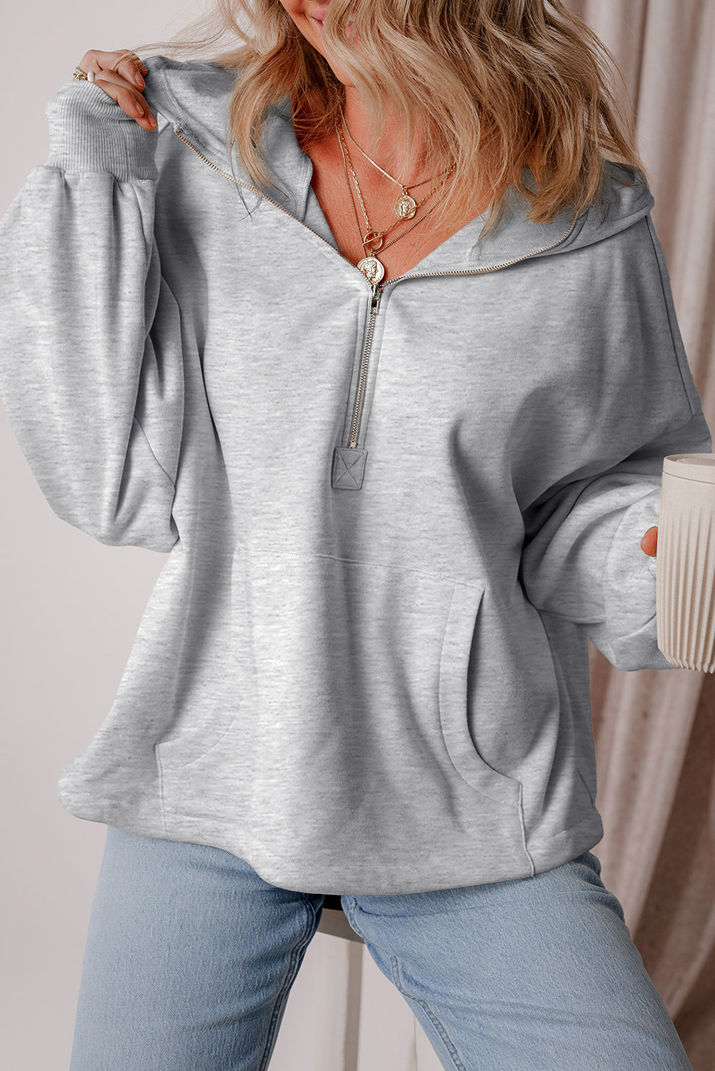 Light Grey Fleece Lined Half Zipper Kangaroo Pockets Loose Hoodie Sweatshirts & Hoodies JT's Designer Fashion