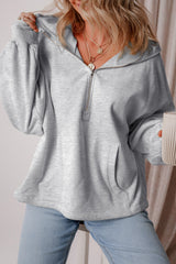 Light Grey Fleece Lined Half Zipper Kangaroo Pockets Loose Hoodie Sweatshirts & Hoodies JT's Designer Fashion