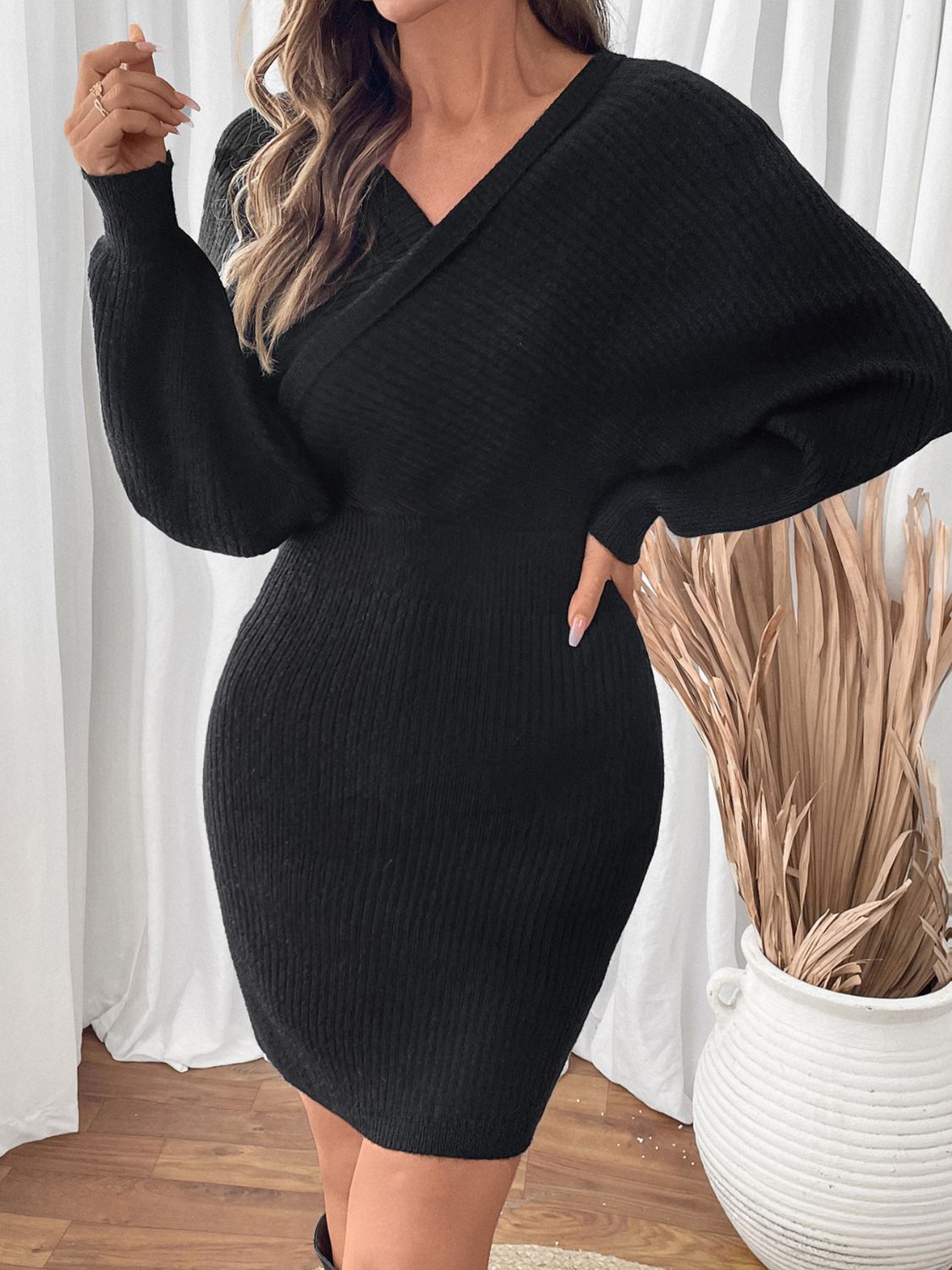 Surplice Long Sleeve Sweater Dress Bodycon Dresses JT's Designer Fashion