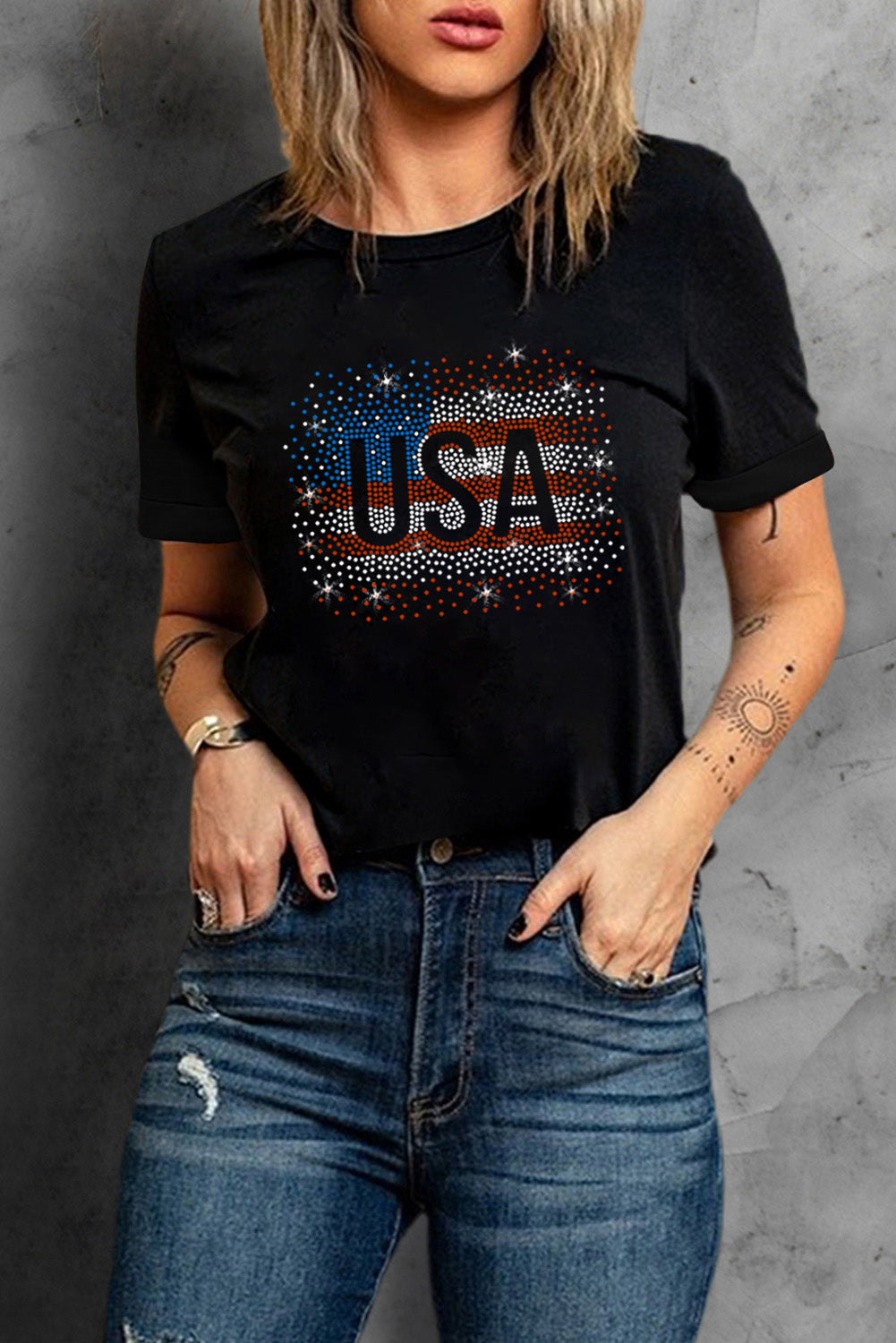 Black Rhinestone America Flag USA Graphic T Shirt Graphic Tees JT's Designer Fashion