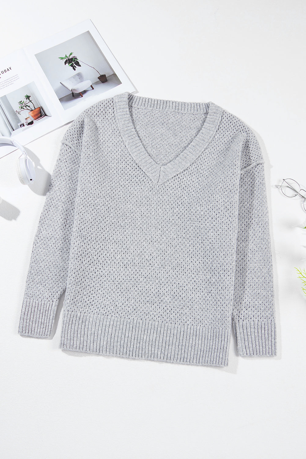 Light Grey Loose Eyelet V Neck Drop Shoulder Sweater Sweaters JT's Designer Fashion