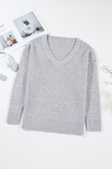 Light Grey Loose Eyelet V Neck Drop Shoulder Sweater Sweaters JT's Designer Fashion
