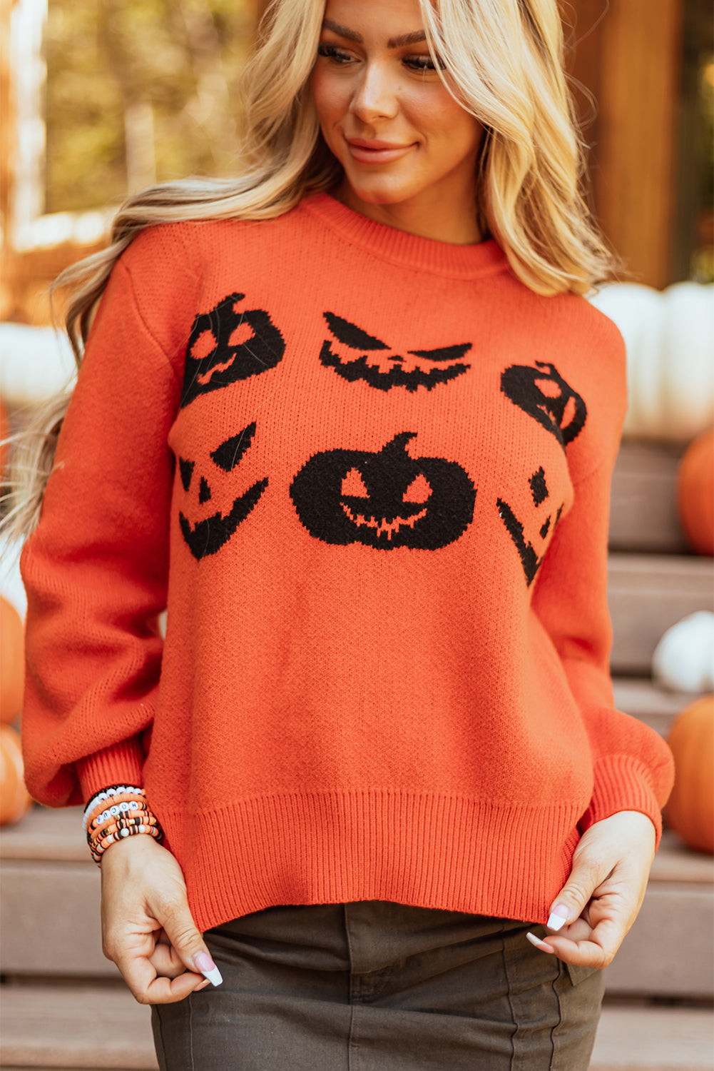 Orange Halloween Pumpkin Face Pattern Drop Shoulder Sweater Orange 50%Viscose+28%Polyester+22%Polyamide Sweaters JT's Designer Fashion