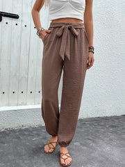 Tied High Waist Pants with Pockets Bottoms JT's Designer Fashion