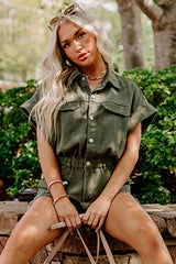 Moss Green Short Sleeve Buttoned Elastic Waist Frayed Denim Romper Bottoms JT's Designer Fashion