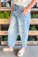 Beau Blue Flower Patched Light Wash Cropped High Waist Jeans Jeans JT's Designer Fashion