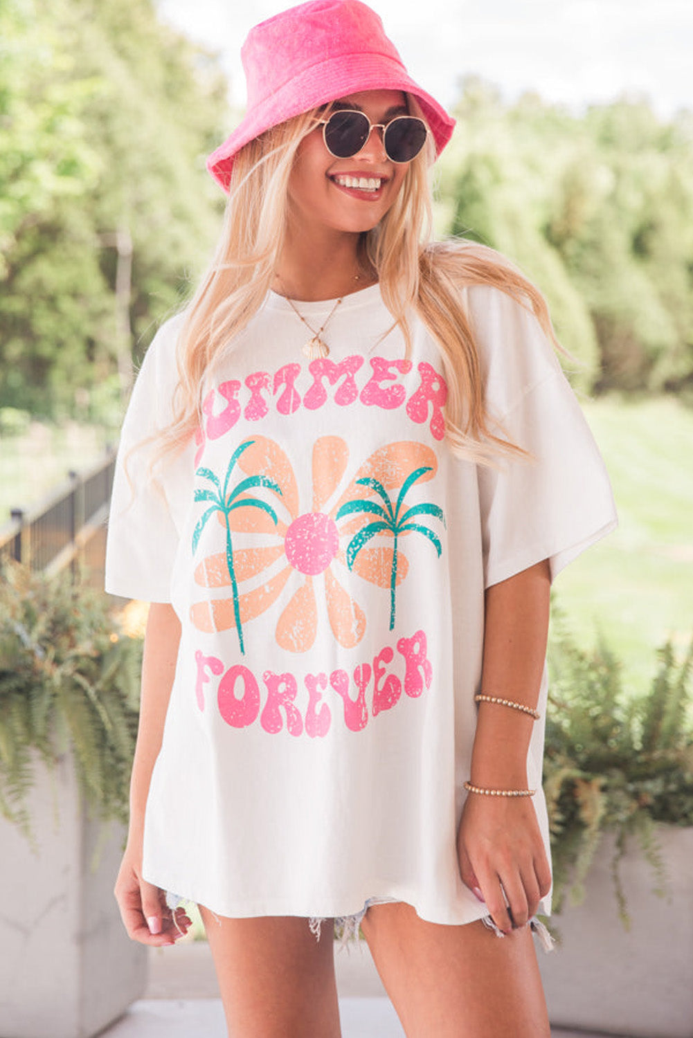 White SUMMER FOREVER Flower Graphic T Shirt Graphic Tees JT's Designer Fashion