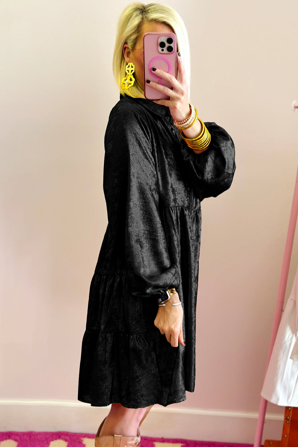 Black Metallic Sheen Puff Sleeve Button Up Mini Shirt Dress Mini Dresses JT's Designer Fashion