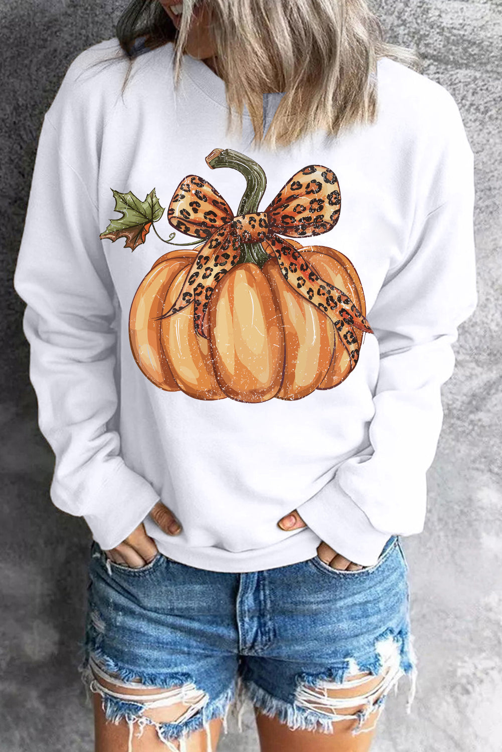 Beige Leopard Bowknot Pumpkin Graphic Crewneck Sweatshirt Beige 50%Polyester+50%Cotton Graphic Sweatshirts JT's Designer Fashion