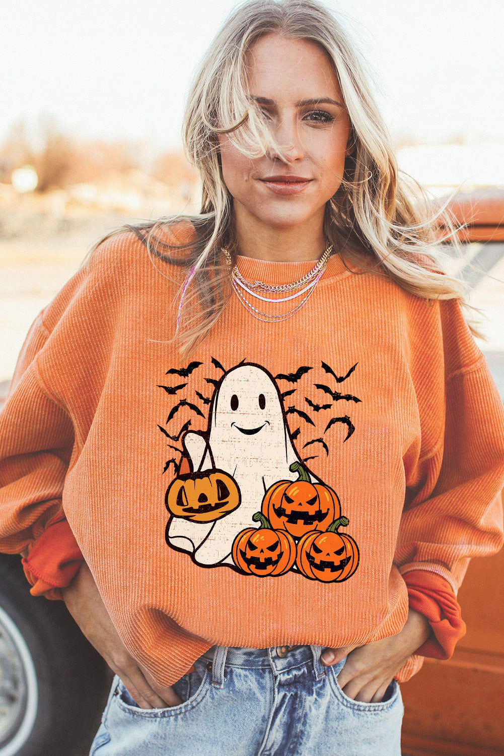 Orange Halloween Ghost Pumpkin Bat Print Corded Pullover Sweatshirt Graphic Sweatshirts JT's Designer Fashion