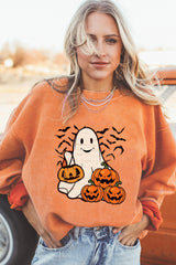 Orange Halloween Ghost Pumpkin Bat Print Corded Pullover Sweatshirt Graphic Sweatshirts JT's Designer Fashion