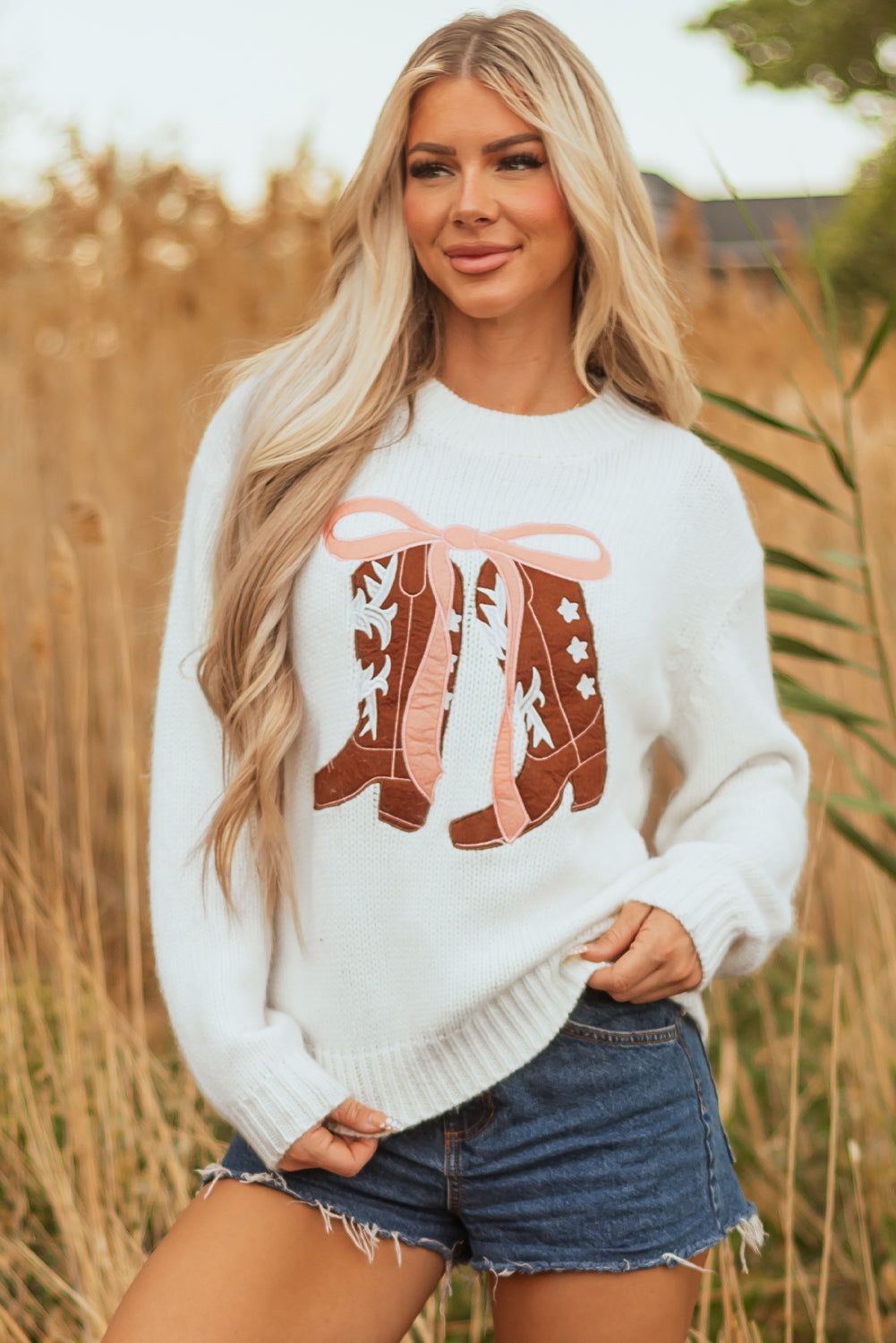 White Embroidered Bow Boots Graphic Drop Shoulder Sweater White 65%Acrylic+35%Polyamide Sweaters JT's Designer Fashion
