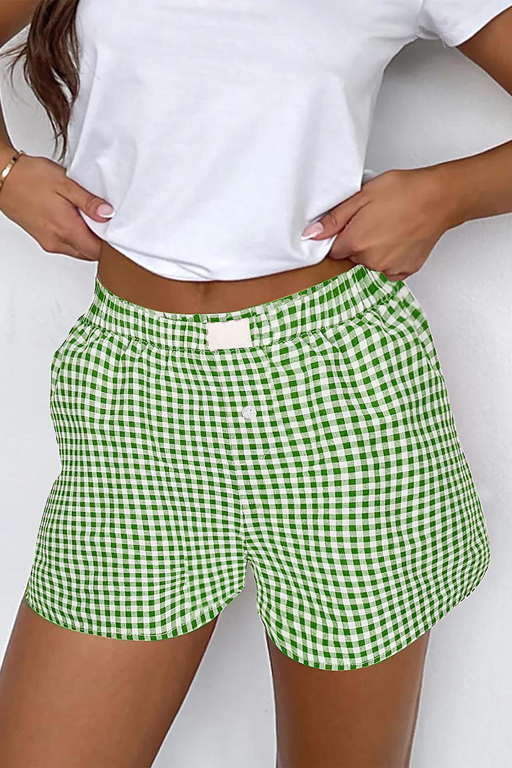 Fern Green Gingham Printed High Waist Shorts Fern Green 100%Polyester Casual Shorts JT's Designer Fashion