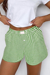Fern Green Gingham Printed High Waist Shorts Fern Green 100%Polyester Casual Shorts JT's Designer Fashion