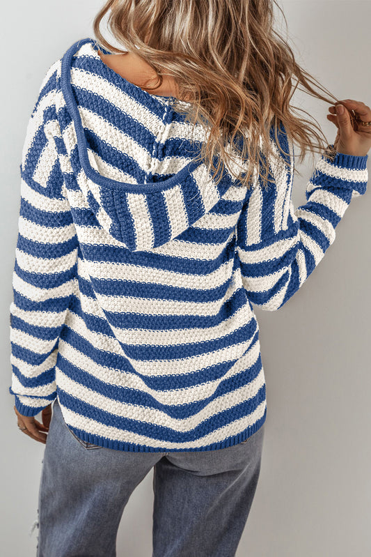 Blue Stripe V Neck Pocketed Drawstring Hooded Sweater Sweaters JT's Designer Fashion