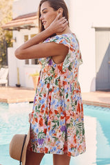 Pink Floral Double Ruffle Sleeve V Neck High Waist Mini Dress Floral Dresses JT's Designer Fashion