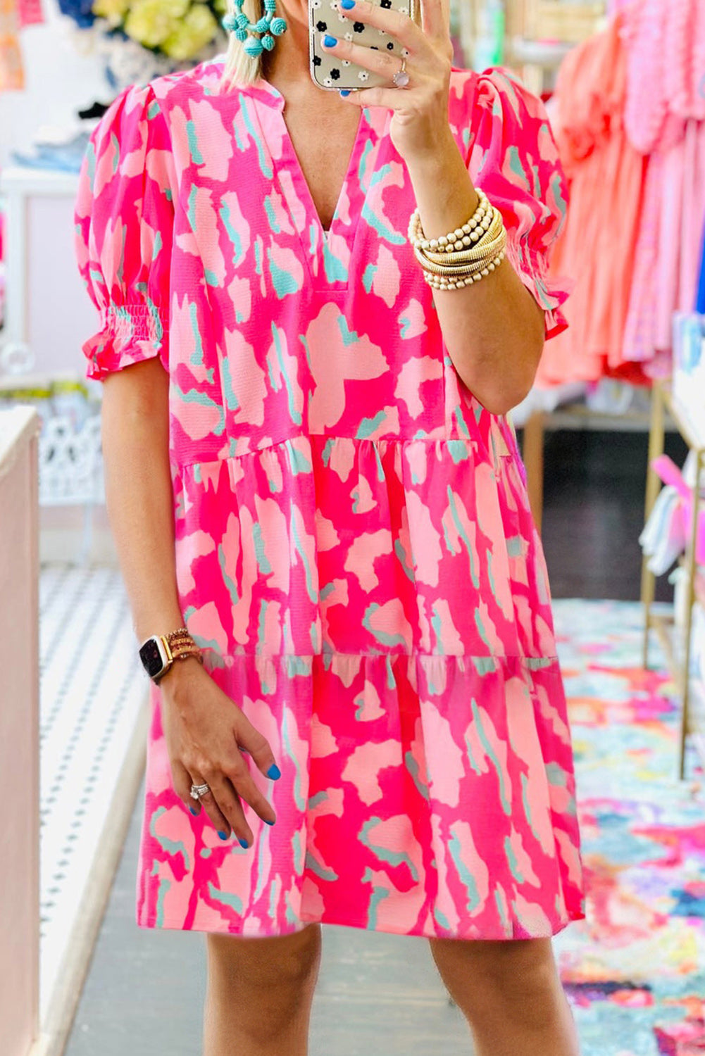 Pink Abstract Printed V Neck Loose Dress Dresses JT's Designer Fashion