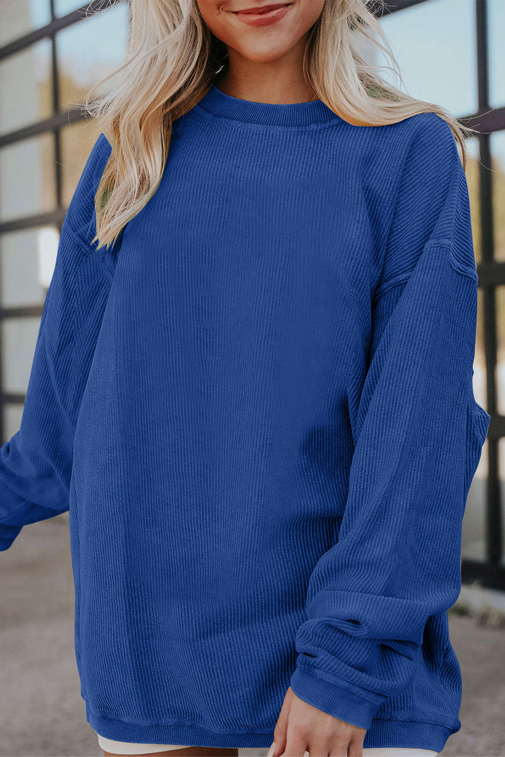 Dark Blue Ribbed Corduroy Oversized Sweatshirt Sweatshirts & Hoodies JT's Designer Fashion
