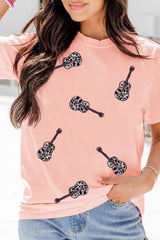 Pink Leopard Guitar Sequin Patch Crew Neck Tee Graphic Tees JT's Designer Fashion