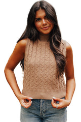 Light French Beige Cable Knit Turtleneck Sleeveless Sweater Top Sweaters & Cardigans JT's Designer Fashion