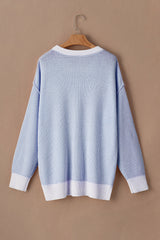 Blue Stripe Plus Size Contrast Trim Crew Neck Rib Knit Drop Shoulder Sweater Plus Size Sweaters & Cardigans JT's Designer Fashion