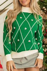 Dark Green Diamond Pattern Pom Accents Contrast Trim High Neck Sweater Sweaters JT's Designer Fashion