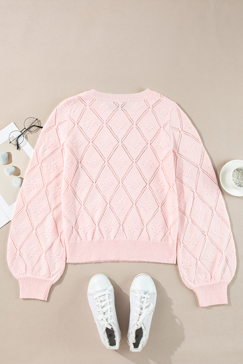 Gossamer Pink Openwork Plaid Puff Sleeve Cropped Sweater Sweaters JT's Designer Fashion