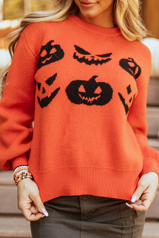 Orange Halloween Pumpkin Face Pattern Drop Shoulder Sweater Sweaters JT's Designer Fashion