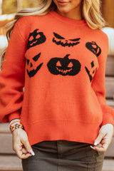 Orange Halloween Pumpkin Face Pattern Drop Shoulder Sweater Sweaters JT's Designer Fashion