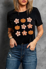 Black Pumpkin Flower Print Short Sleeve Graphic Top Graphic Tees JT's Designer Fashion