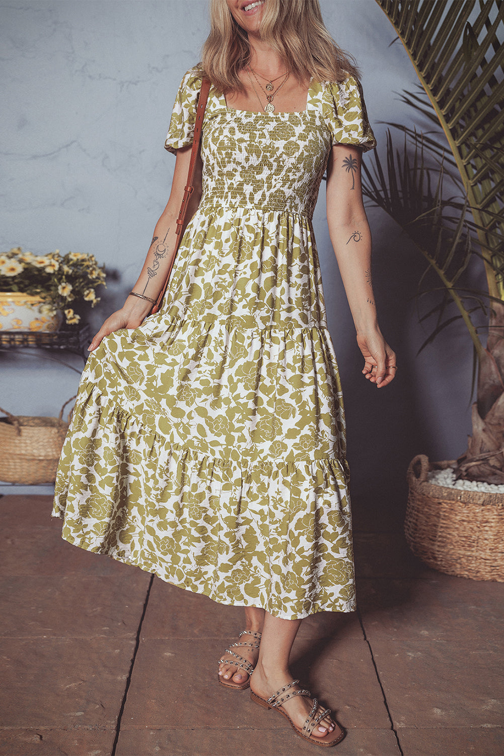 Yellow Boho Floral Square Neck Smocked Bust Puff Sleeve Tiered Long Dress Yellow 65%Viscose+35%Polyamide Floral Dresses JT's Designer Fashion